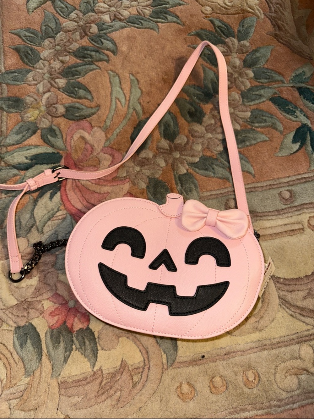 Betsey Johnson Pink Pumpkin Crossbody with Black Jack-O'-Lantern Face and Bow